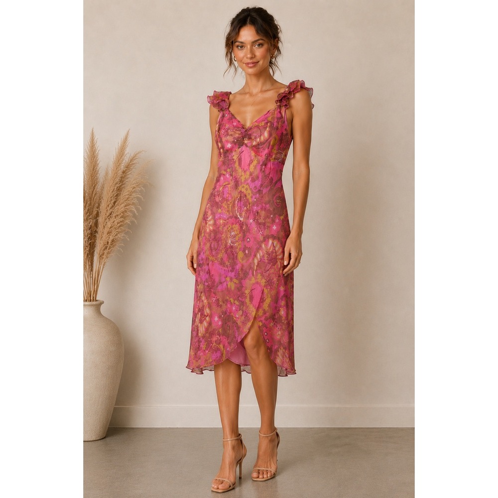 Vintage Y2K Fairy Silk Babydoll Asymmetric Bias Cut Midi Dress Pink 6 Ruffle